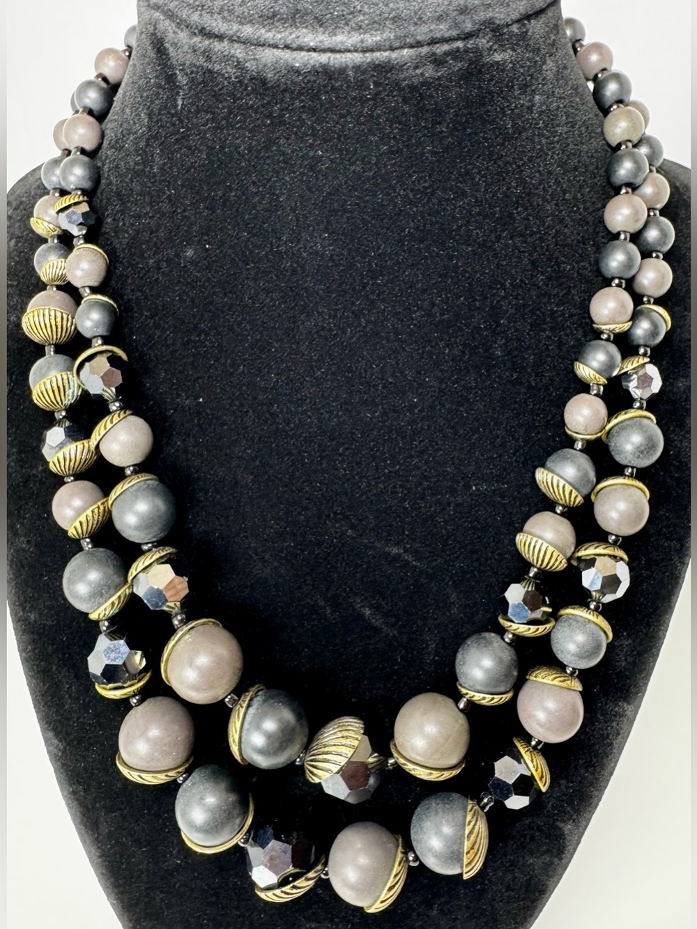 Signed Premier Designs Grey and Black Beaded Statement Necklace #1731
